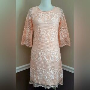 Peach Fringed Lace Mesh 3/4 Sleeve ModCloth Shift Dress by Wendy Bird Size 0 XS